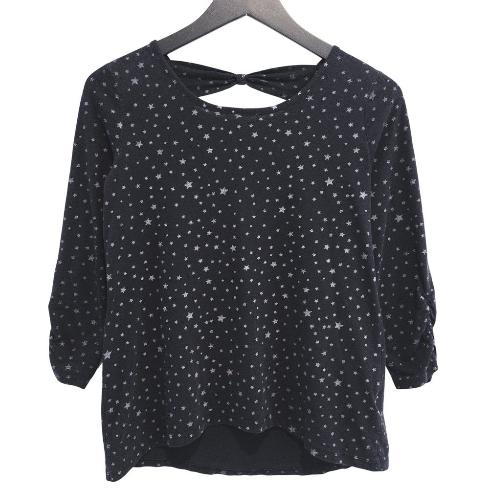 Basic Editions‎ Star Print Top Girls XXL 18/20 Black Bow Back Ruched 3/4 Sleeve